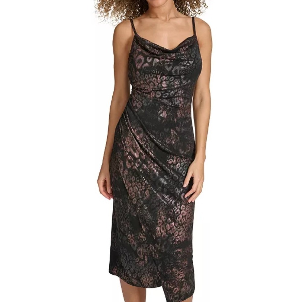 NWT Siena Foiled Knit Bodycon Dress Black Metallic Leopard Ruched 10